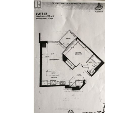 A floor plan for Suite 02, a 1 bedroom, 559 sq.ft. apartment with balcony, is shown.