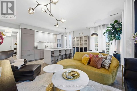 A well-lit, modern living room with a yellow sofa and a coffee table.