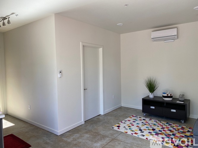 A room with a white door, a black cabinet, and a red rug.