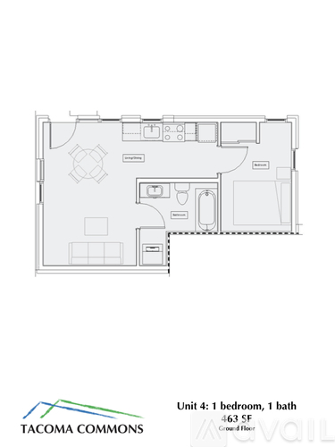 A floor plan of an apartment at Tacoma Commons shows a bedroom, bathroom, and living room.