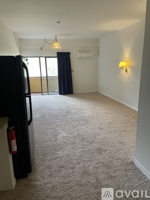 A black fridge sits in a room with carpeted flooring and a wall-mounted light fixture.