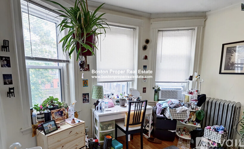A room with a table, chairs, and a potted plant.