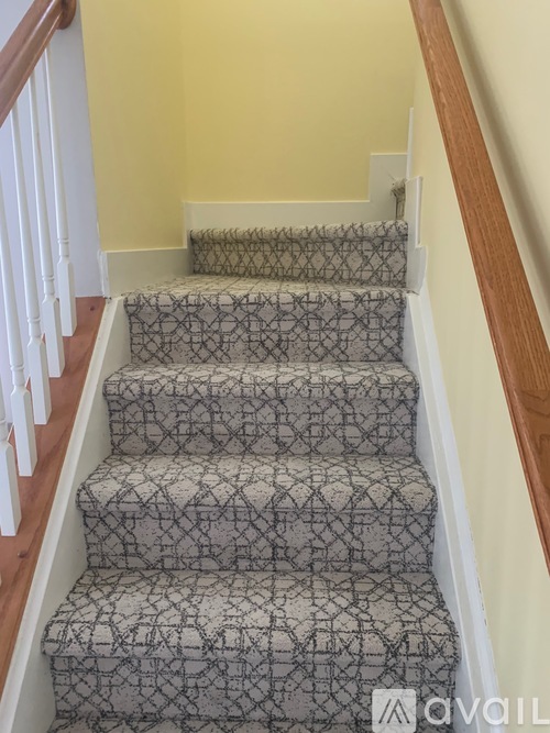 A staircase with a carpeted runner and wooden handrails.
