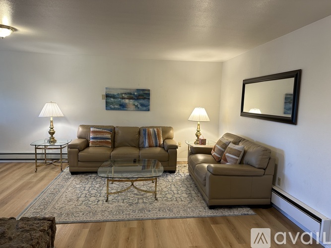 A living room with two couches, a coffee table, and two lamps.