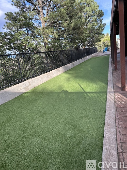 A green artificial turf area with a black fence and trees in the background.