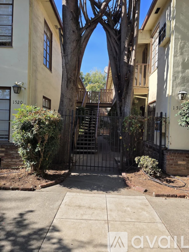 A tree in front of a building with a gate.