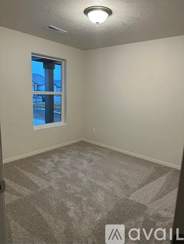 A room with a carpeted floor and a window.