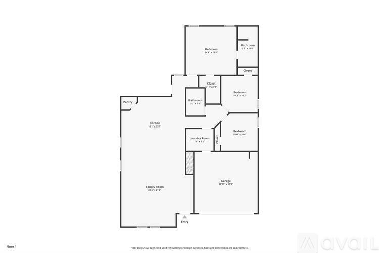 A floor plan of an apartment with a kitchen, living room, and two bathrooms.