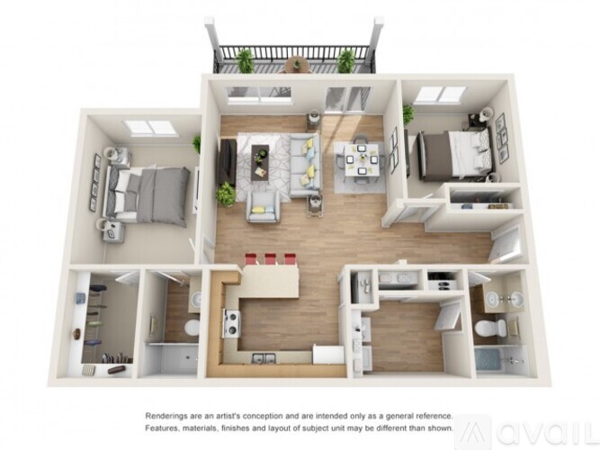 A floor plan of an apartment with a kitchen, living room, and two bedrooms.