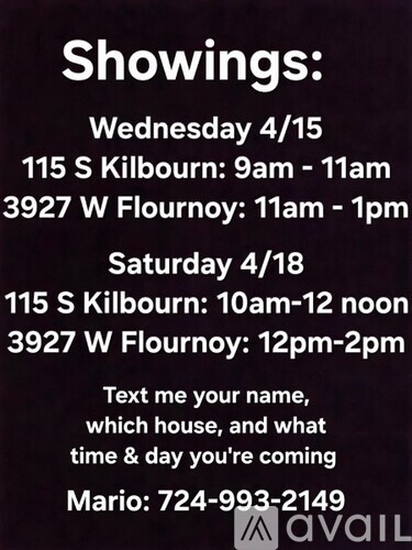 A poster advertises showings on Wednesday, April 15th and Saturday, April 18th at two different locations with times listed for each.