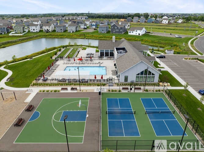 A community sports complex with a basketball court, tennis courts, and a pool.