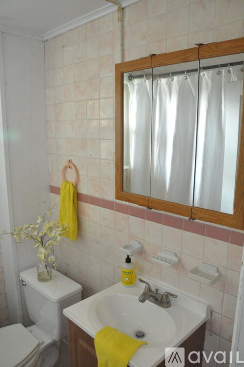 A bathroom with a toilet, sink, and mirror.
