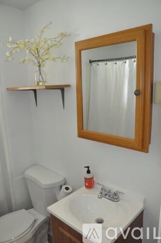 A bathroom with a toilet, sink, mirror and shelf.