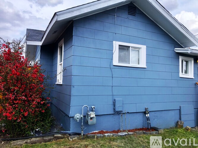 A blue house with a red bush in front.