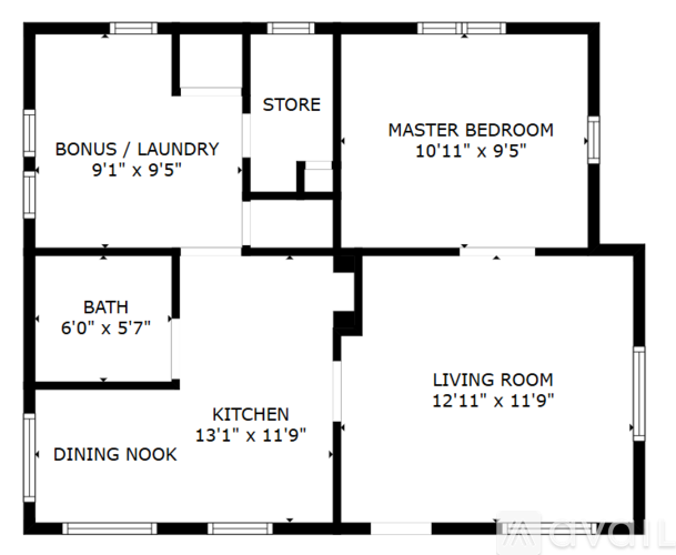 A floor plan of a house with a bonus/laundry room, store, master bedroom, living room, kitchen, and dining nook.