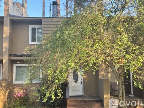 A tree with green leaves is in front of a house.