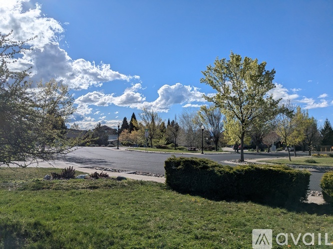 A sunny day in a residential area with houses and trees.