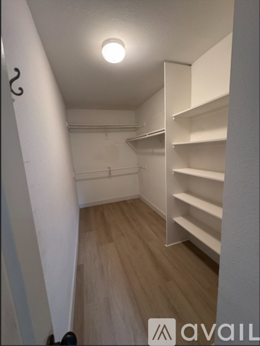 A white closet with shelves and a light on the ceiling.