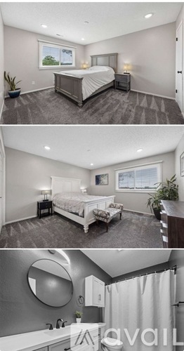 A bedroom with a large bed and a mirror on the wall.