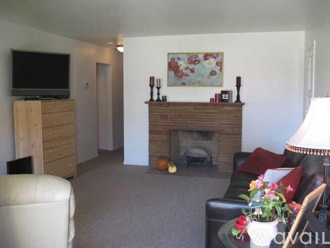 A living room with a fireplace and a couch.