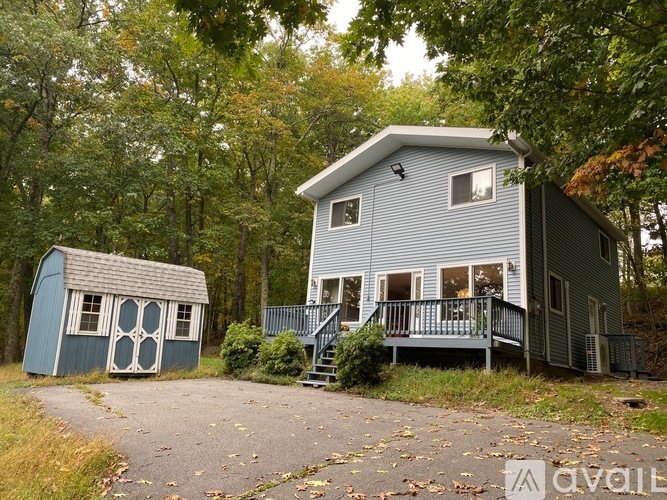 A house with a blue shed in front of it.