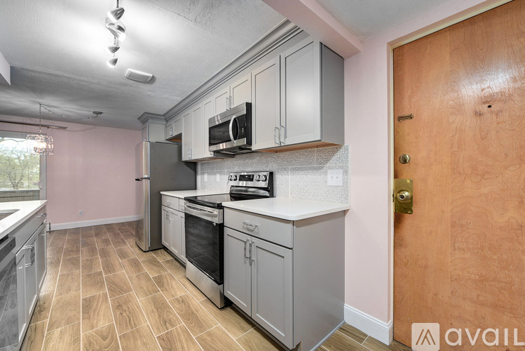 A kitchen with a wooden door and a stove top oven.