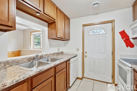 A kitchen with wooden cabinets and a white door.