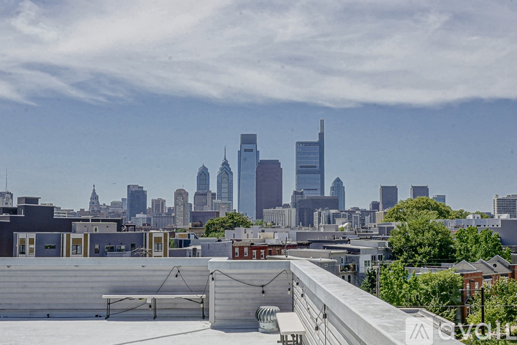 A city skyline with tall buildings and a clear sky.