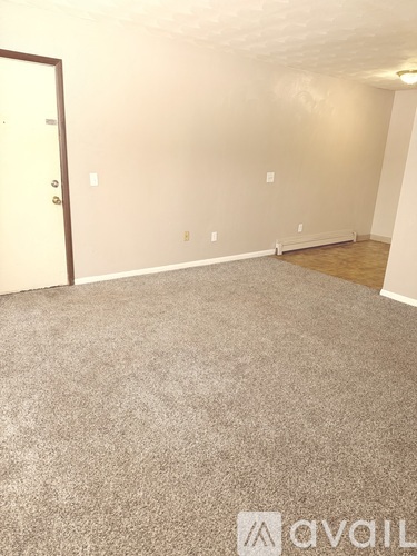 A room with a carpeted floor and a door on the left side.
