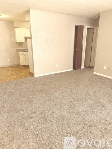 A room with a carpeted floor and a kitchen area in the background.