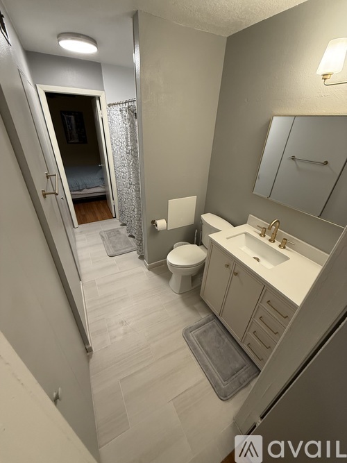 A bathroom with a toilet, sink, and a shower curtain.
