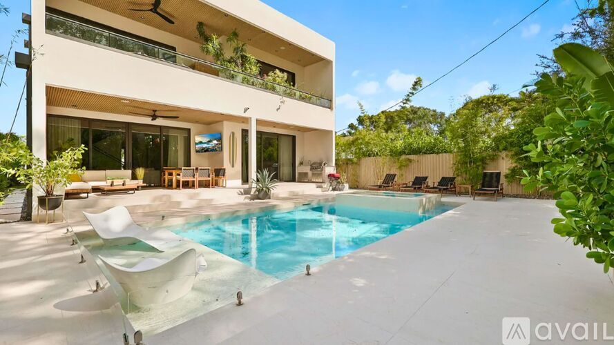 A modern house with a pool in the backyard.