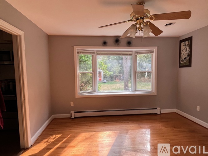 A room with a ceiling fan and a window overlooking a yard.
