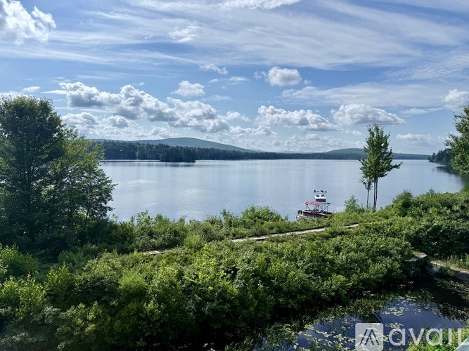 A boat is on a lake surrounded by trees.