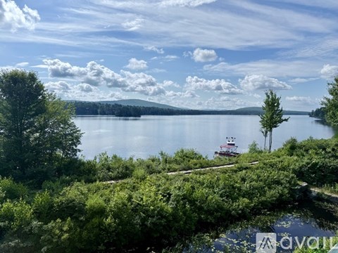 A boat is on a lake surrounded by trees.