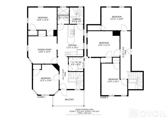 A floor plan of an apartment with two bedrooms, a balcony, and a laundry room.