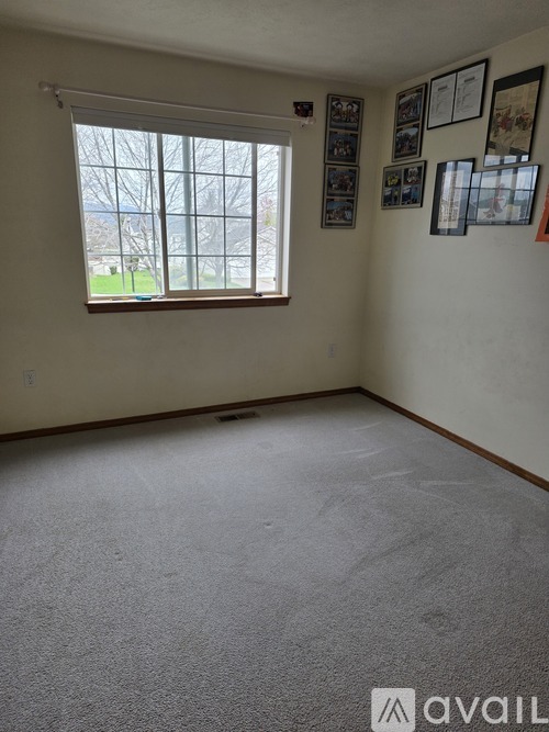 A room with a carpeted floor and a window with a view of trees.