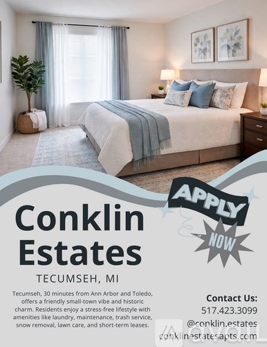 A bedroom with a bed, nightstands, and a plant, with a Conklin Estates advertisement in the foreground.