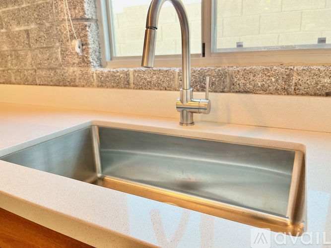 A modern kitchen sink with a chrome faucet.