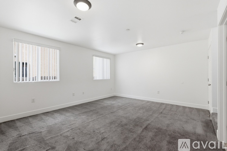 A spacious room with a carpeted floor and two windows.
