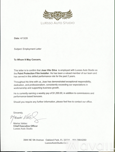A letter from Luxso Auto Studio confirming the employment of Joao Vito Silva.
