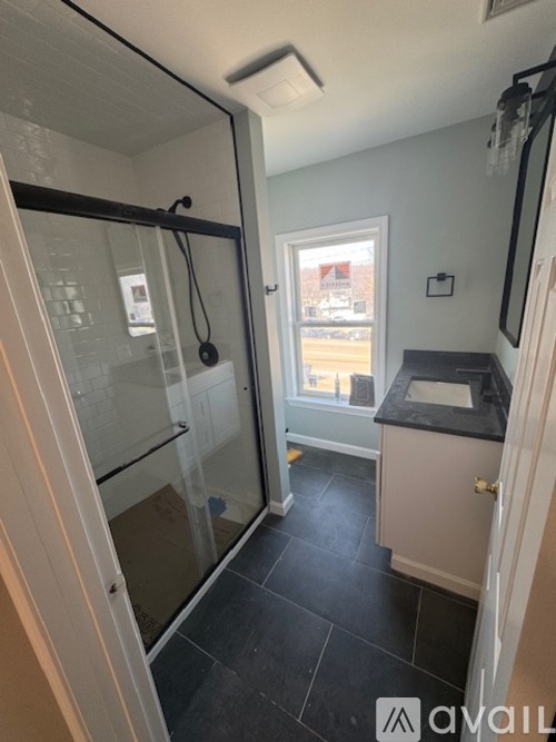 A bathroom with a walk-in shower and a sink.