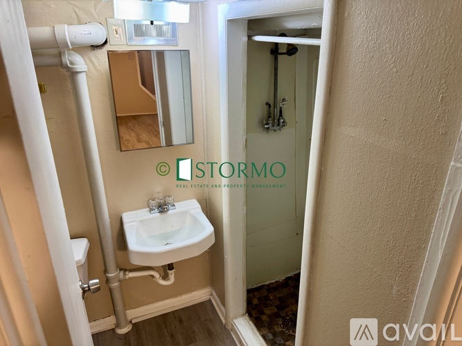 A bathroom with a sink, mirror, and toilet paper holder.