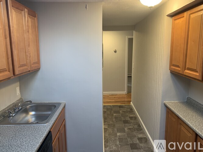 A kitchen with wooden cabinets and a sink.