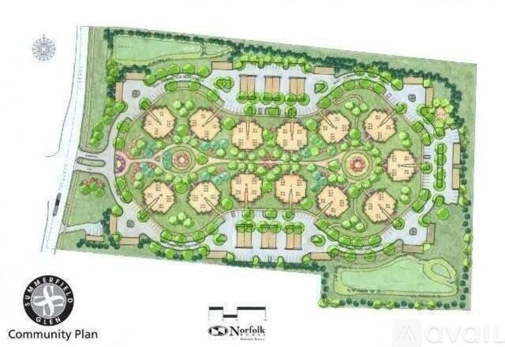 A community plan shows a layout with green spaces and buildings.