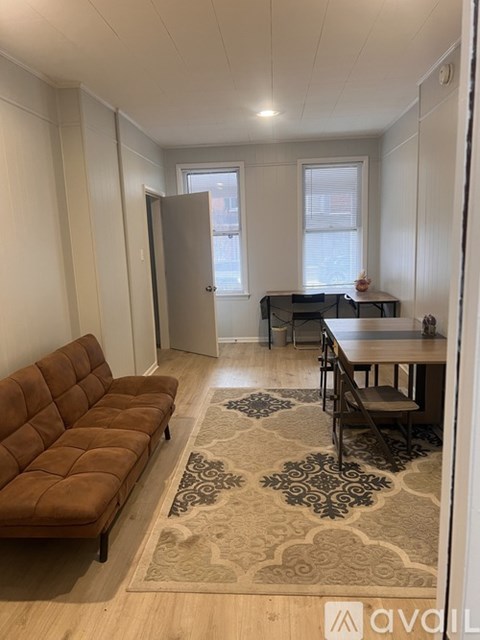 A living room with a brown sofa and a patterned rug.