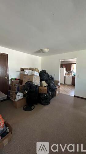 A room with a fan and boxes on the floor.