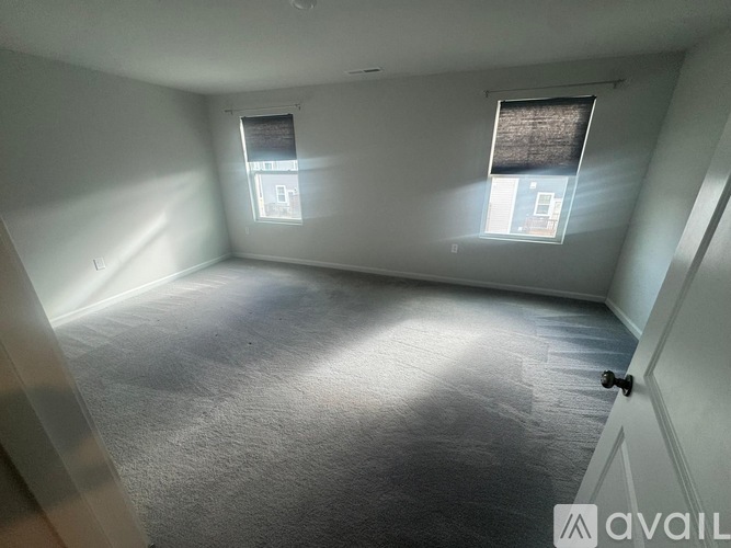 A room with two windows and a carpeted floor.