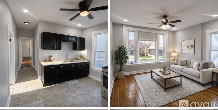 A modern kitchen and living room with a ceiling fan.