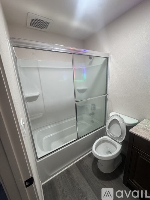 A bathroom with a toilet and a walk-in shower.